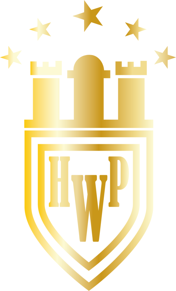 Logo vom HWP Sicherheitsdienst in goldener Farbe, welches eine Burg auf einem Schild unter Sternen darstellt